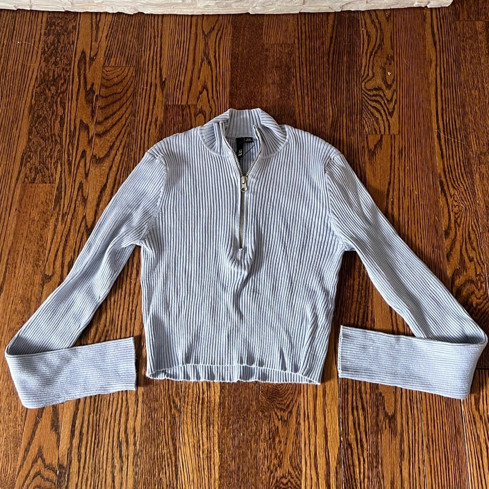 Light Blue Ribbed Zip-Up Sweater Size M NWOT